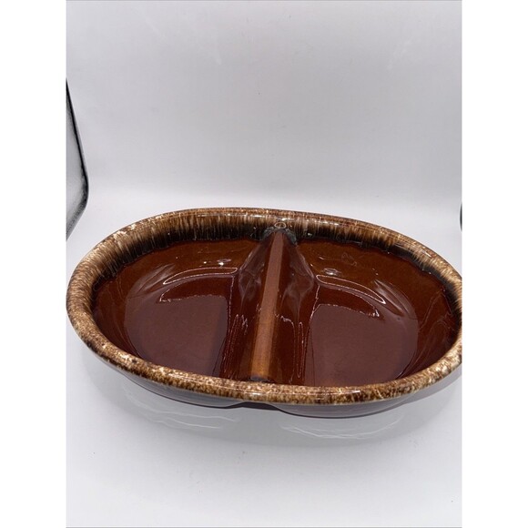 Vintage H.P. Hull USA Brown Drip Pottery Divided Casserole Dish Oven Proof EUC - Picture 4 of 8